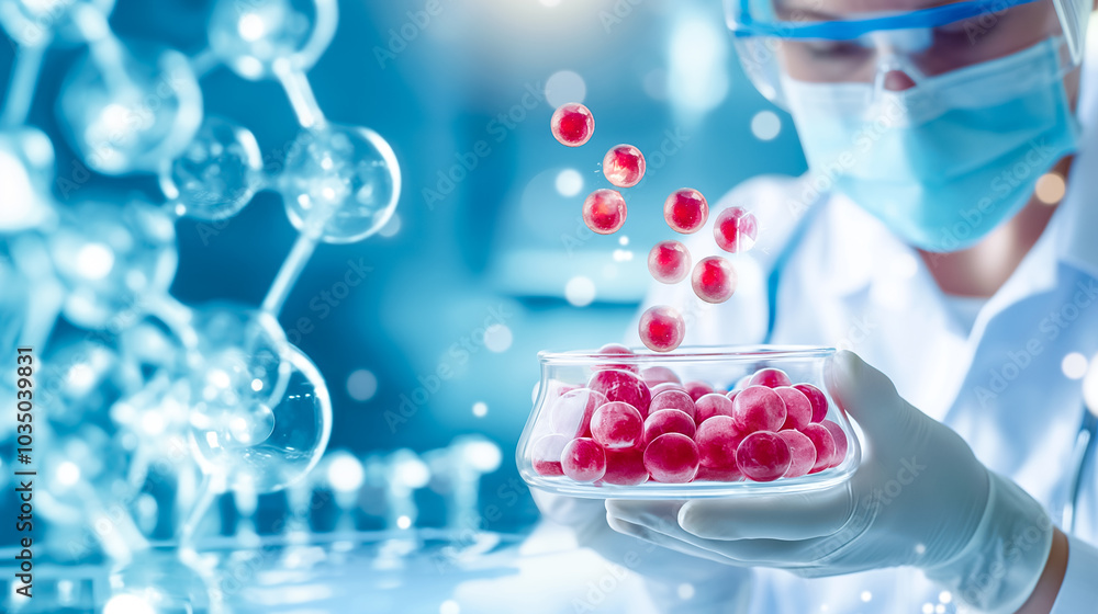 Poster a scientist in a lab coat and gloves carefully holds a container filled with red beads while examini
