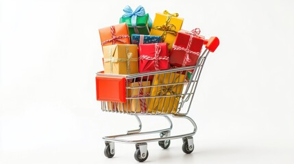 Shopping cart filled with colorful gift boxes, isolated on white background