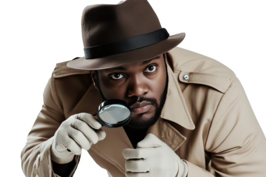 A male detective wearing a beige trench coat, fedora, and gloves, holding a magnifying glass in one hand. - Powered by Adobe