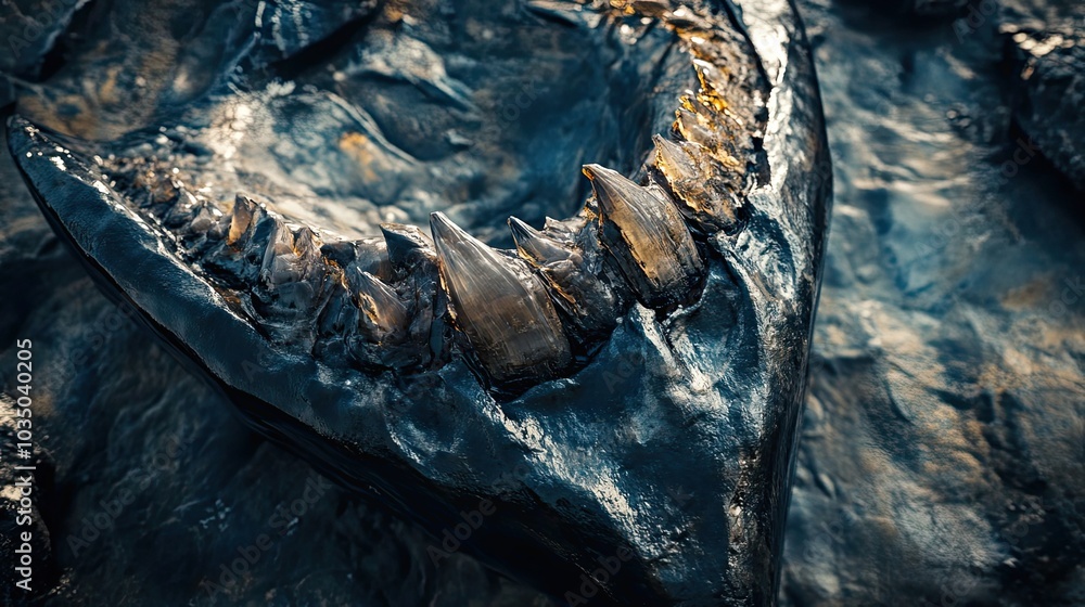 Poster close-up of a fossilized jawbone with sharp teeth