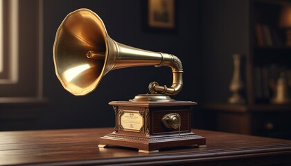 A vintage phonograph with a gleaming horn, symbolizing a bygone era of music, resting on a shadowy table, Generative AI