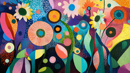 An artistic interpretation of flowering shrubs with abstract shapes and vibrant colors, perfect for modern art lovers.