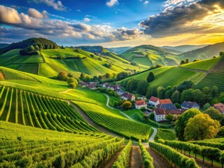 Fototapeta premium The serene landscape of Ortenau Valley features breathtaking vineyards alongside lush green hills, creating a picturesque setting that evokes tranquility and natural beauty all around.