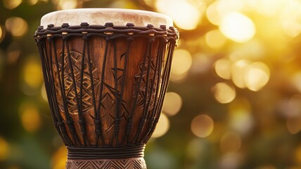 Wooden drum with intricate carvings against blurred sunlit background