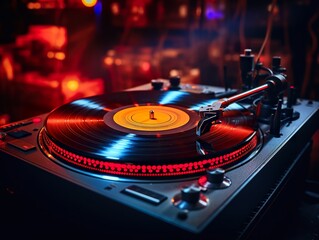  DJ Night Club Deejay Record Player Retro night club neon colorful light DJ is mixing music with...