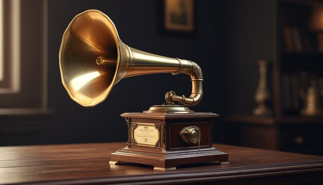 A vintage phonograph with a gleaming horn, symbolizing a bygone era of music, resting on a shadowy table, Generative AI