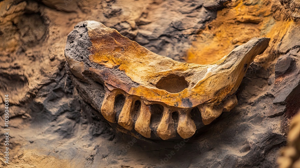 Poster fossilized dinosaur jawbone with teeth embedded in rock