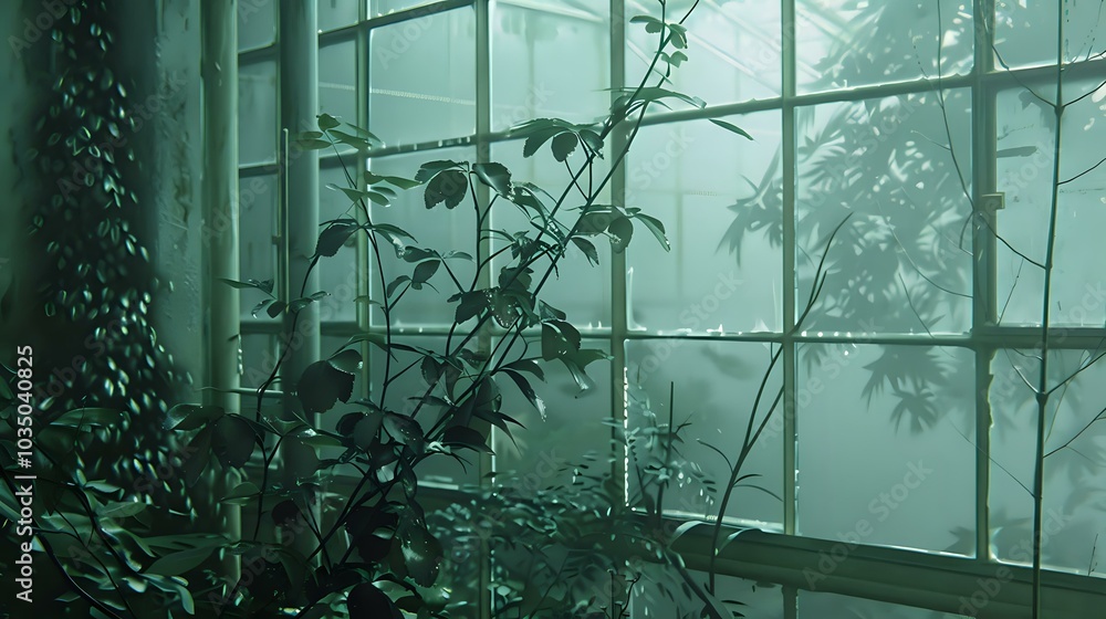 Poster a misty greenhouse scene with lush greenery and soft light filtering through the windows.