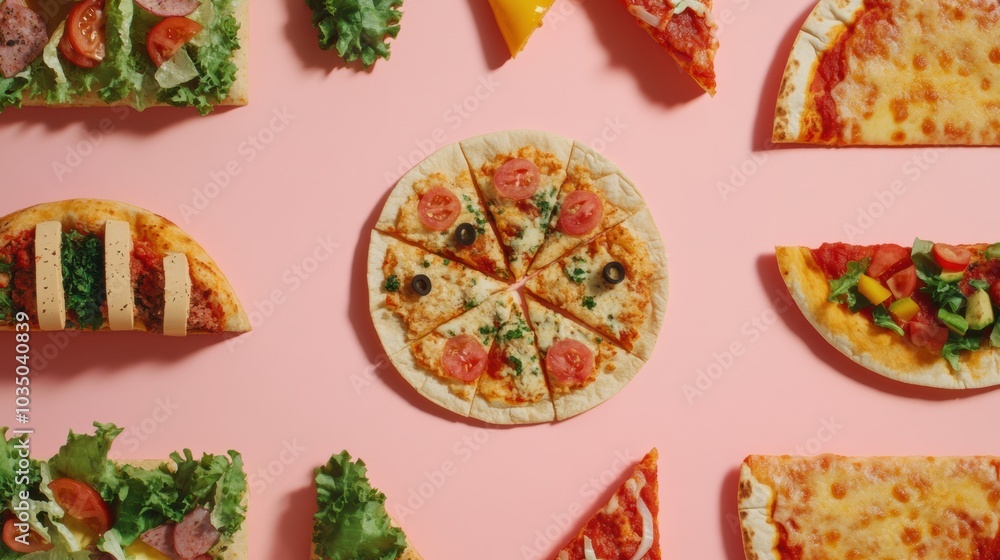 Poster A variety of tacos and pizza slices displayed in geometric patterns on a bright surface, showcasing their enticing colors and textures. Generative AI