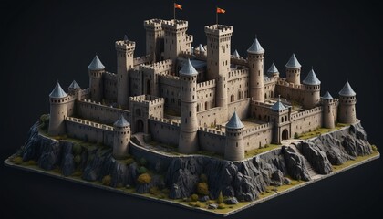 A detailed model of an ancient castle, meticulously crafted, showcased against a dramatic black backdrop, Generative AI