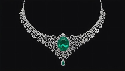 A striking emerald necklace adorned with delicate silver filigree, displayed elegantly against a deep black background, Generative AI