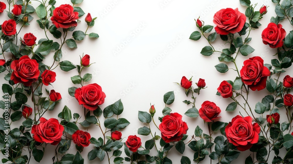 Poster bouquet of red roses is arranged in a spiral pattern. the roses are of various sizes and are placed 