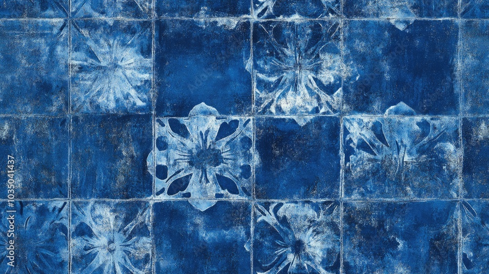 Poster damaged indigo dyed effect textured background with seamless pattern