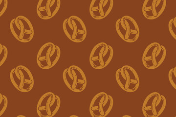 pretzel with oval shape filled flat pattern on brown background. doodle pretzel baked pastry symbol seamless pattern background. retro oval pretzel shape seamless pattern for decor and merchandise