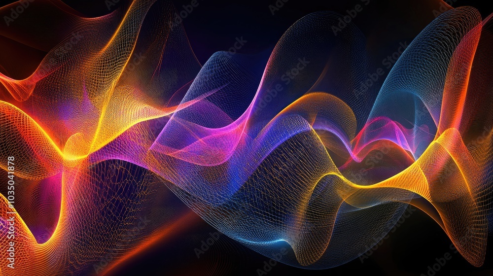 Poster composition of vibrant sine waves light and fractal elements designed as a backdrop for projects rel