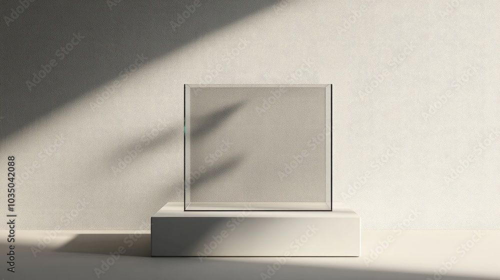 Poster glass display pedestal design platform blank product stand clean background 3d rendering