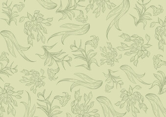 seamless floral pattern. hand drawn outline plan on green color background