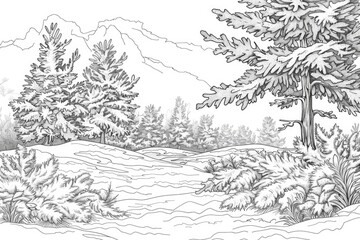Obraz premium Coloring book illustration of a winter landscape with frozen trees and hoarfrost