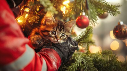 Obraz premium Firefighters rescuing a kitten from a tree decorated with holiday ornaments