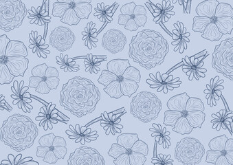 seamless floral pattern. hand drawn outline flowers on pastel color background