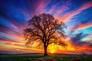 Obraz premium The stark outline of a bare tree contrasts beautifully with a vivid sunset palette, evoking tranquility in the picturesque nature scene enveloping the moment.