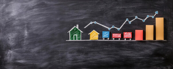 Graph showing real estate growth with colorful houses and bars on a chalkboard background, symbolizing market trends and financial success.