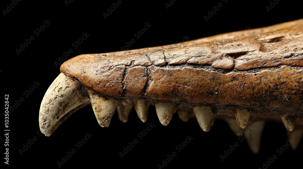 Poster close-up of a fossilized jawbone with sharp teeth