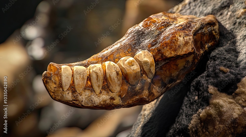 Poster close-up of fossilized jawbone with sharp teeth