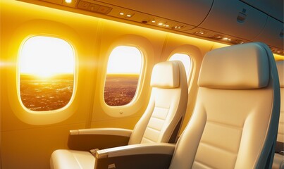 Fototapeta premium A serene view from an airplane window at sunset, illuminating the luxurious empty beige leather seats inside the cabin. Perfect blend of modern travel and tranquility.
