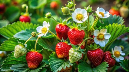 The strawberry bush blooms brightly in sunlight, revealing an array of colorful flowers and verdant leaves, celebrating the essence of nature's vivid beauty.