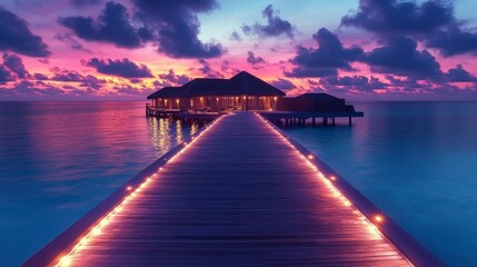 Obraz premium Tropical Sunset Overwater Bungalow