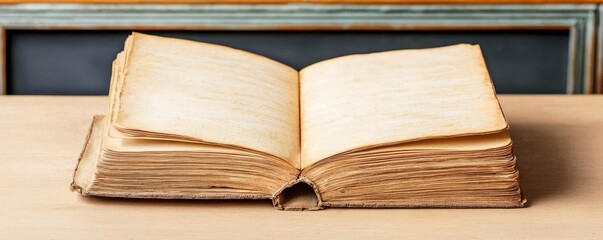 Naklejka premium Open vintage book on wooden table, showcasing aged pages and unique texture. Ideal for educational themes and historical references.