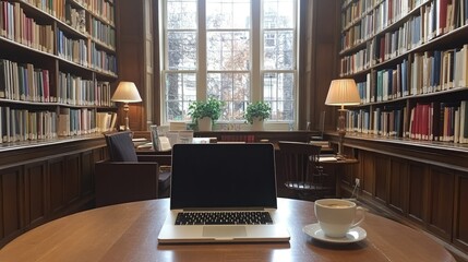 Desk setup in a library with a laptop, coffee, and a pile of research materials
