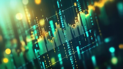 Fototapeta premium A digital financial chart with green and gold lines representing a rising trend, symbolizing positive investment returns and business success