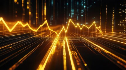 A futuristic business graph with gold lines rising sharply, symbolizing strong profits, investment growth, and business success