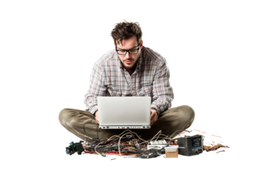 A male IT technician dressed casually, sitting on the ground with a laptop open on his lap.