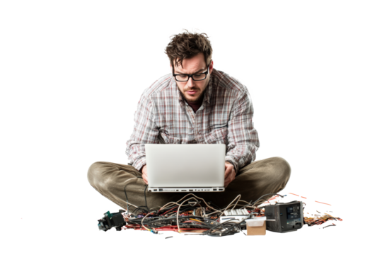 A male IT technician dressed casually, sitting on the ground with a laptop open on his lap.