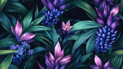 Guzmania floral seamless pattern featuring aloe vera and purple flowers Hand painted art template