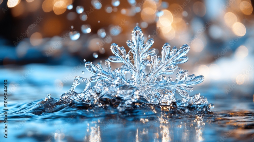 Poster close-up of a snowflake landing on water, creating splashes during winter, highlighting intricate pa