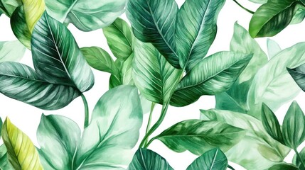 Fototapeta premium Charming watercolor pattern featuring tropical ficus leaves Seamless fabric print of exotic jungle foliage Repeated design of lush tropical greenery with artistic details