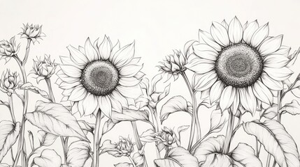 Hand Drawn Sunflower Line Art Featuring Delicate Fine Lines Black and White Floral Illustrations of Sunflowers
