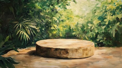 Oil painting of a stone podium on a floor in a lush garden setting with blurred greenery ideal for natural product display and tropical themed concepts