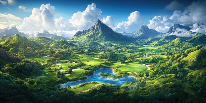 Golf course scene in a coastal setting, showcasing lush greenery and serene landscapes, Coastal golf course with lush greenery and serene landscapes
