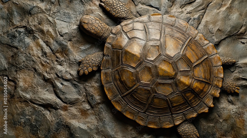 Poster close-up of a turtle's shell against a rough stone background