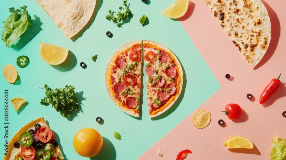 Poster a variety of tacos and pizza are artfully placed in geometric patterns on contrasting colored backgr