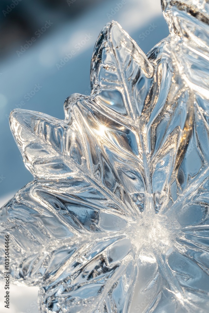 Poster a close-up view of a delicate ice crystal resembling a maple leaf under soft winter sunlight on a sn