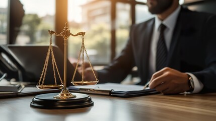 Lawyer advising an employer on handling labor disputes and workplace policies, a corporate setting in the background