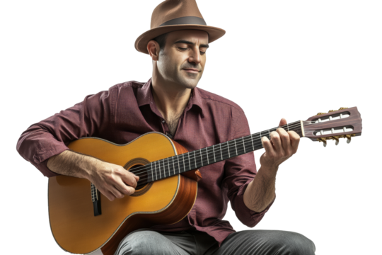 A male musician in casual clothes, sitting on a stool, strumming an acoustic guitar.