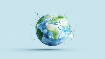 Vibrant watercolor globe showcasing splashes of green for land, perfect for travel and environmental themes.