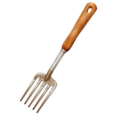 A classic garden fork with a wooden handle, ideal for aerating soil and cultivating plants in any garden setting., on transparent background png file